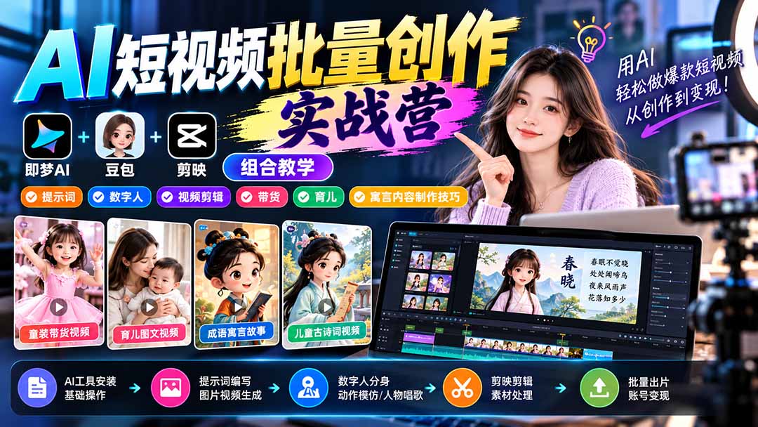 （21039期）【无水印】AI短视频批量创作实战营：即梦+豆包+剪映组合教学，提示词/数字人/视频剪辑/带货/育儿/寓言内容制作技巧-小二项目网