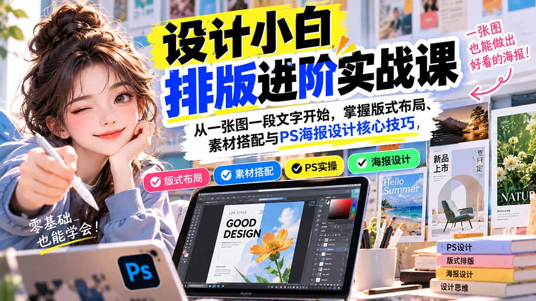 （20838期）设计小白排版进阶实战课：从一张图一段文字开始，掌握版式布局、素材搭配与PS海报设计核心技巧-小二项目网
