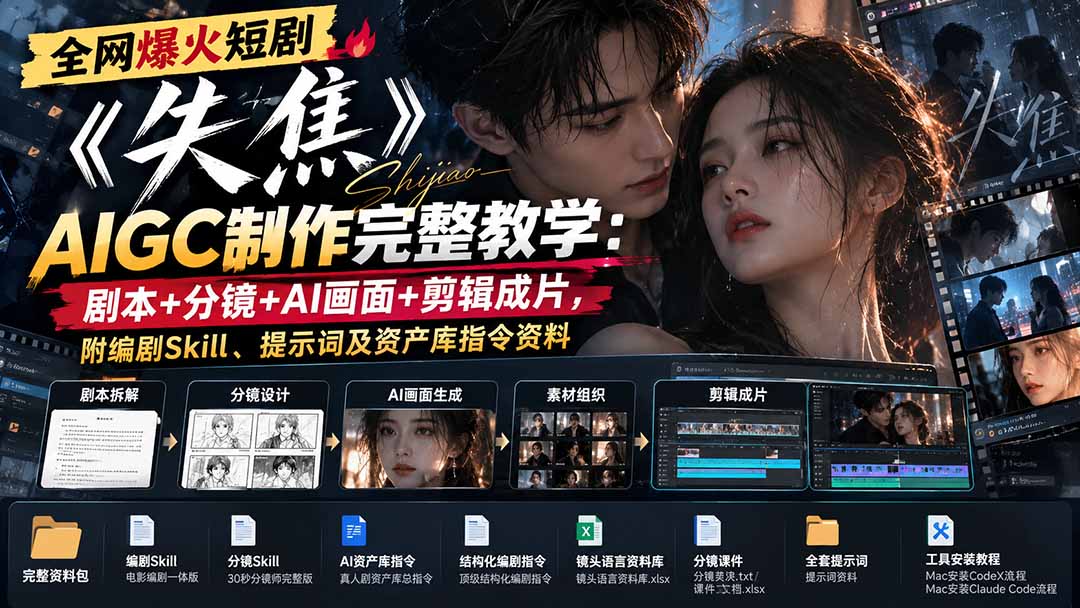 （20805期）全网爆火短剧《失焦》AIGC制作完整教学：剧本+分镜+AI画面+剪辑成片，附编剧Skill、提示词及资产库指令资料-小二项目网