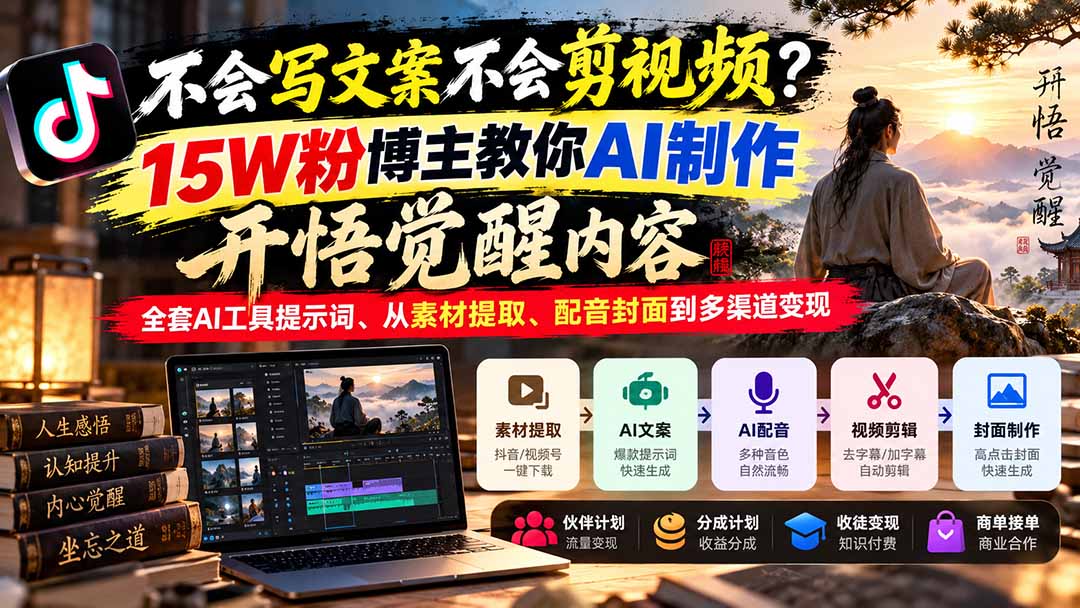 （21085期）不会写文案不会剪视频？15W粉博主教你AI制作开悟觉醒内容，全套AI工具提示词、从素材提取、配音封面到多渠道变现-小二项目网