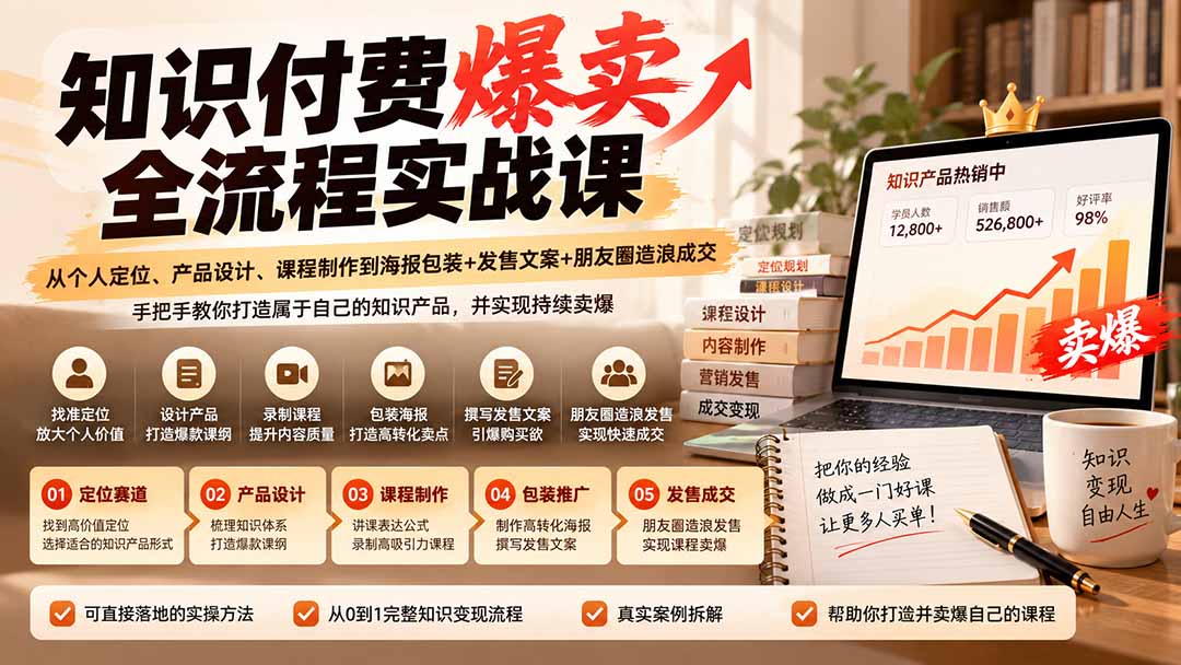 （20787期）【无水印】知识付费爆卖全流程实战课：从个人定位、产品设计、课程制作到海报包装+发售文案+朋友圈造浪成交-小二项目网