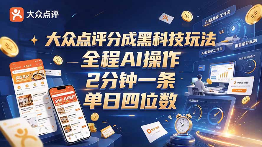 （21013期）大众点评分成全网独家玩法，AI 全自动出内容，2 分钟一条，小白可冲单日四位数-小二项目网