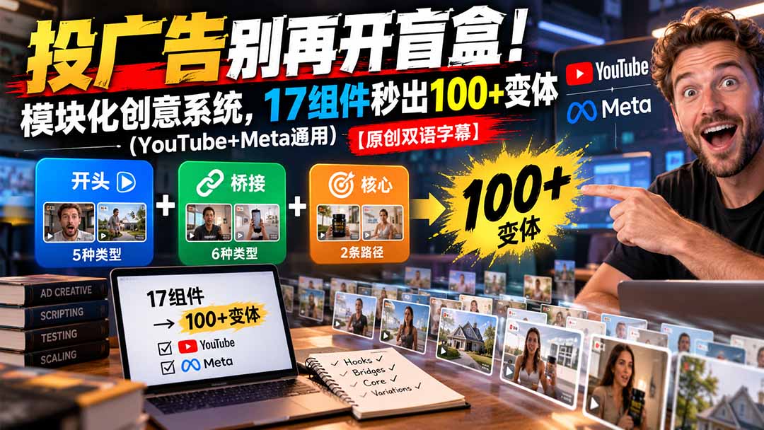 （20840期）投广告别再开盲盒！模块化创意系统，17组件秒出100+变体（YouTube+Meta通用）【原创双语字幕】-小二项目网