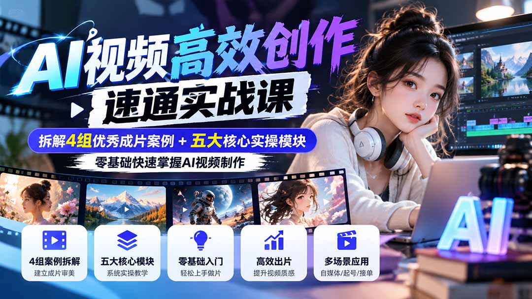 （20819期）【无水印】AI视频高效创作速通实战课：拆解4组优秀成片案例+五大核心实操模块，零基础快速掌握AI视频制作-小二项目网