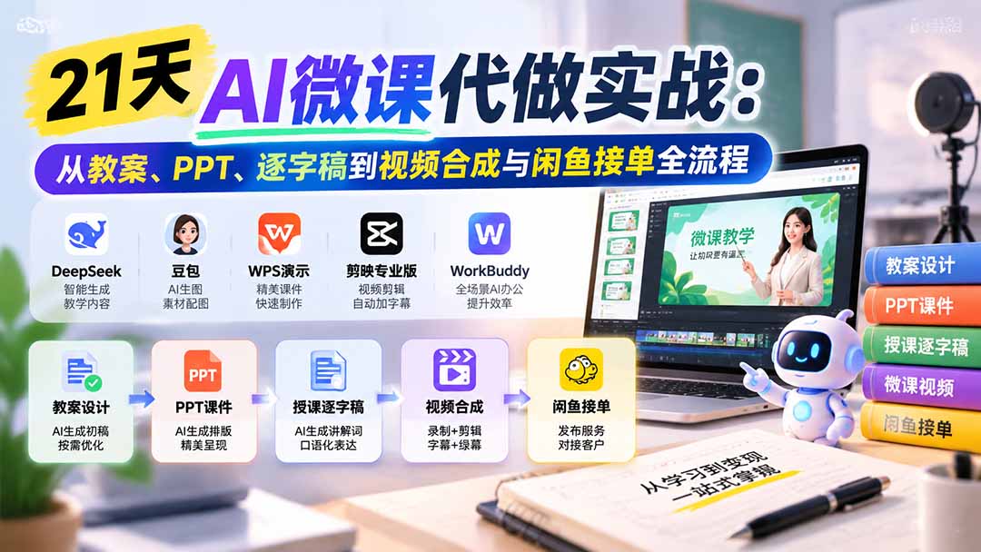 （21065期）21天AI微课代做实战：从教案、PPT、逐字稿到视频合成与闲鱼接单全流程-小二项目网