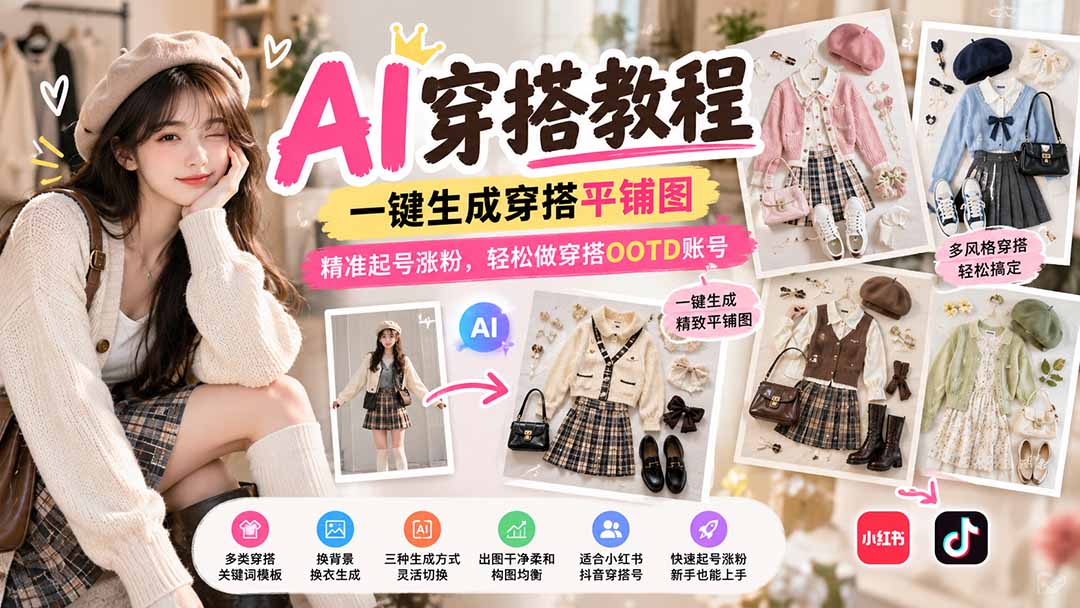 （21134期）【无水印】AI穿搭教程｜一键生成穿搭平铺图，精准起号涨粉，轻松做穿搭OOTD账号-小二项目网