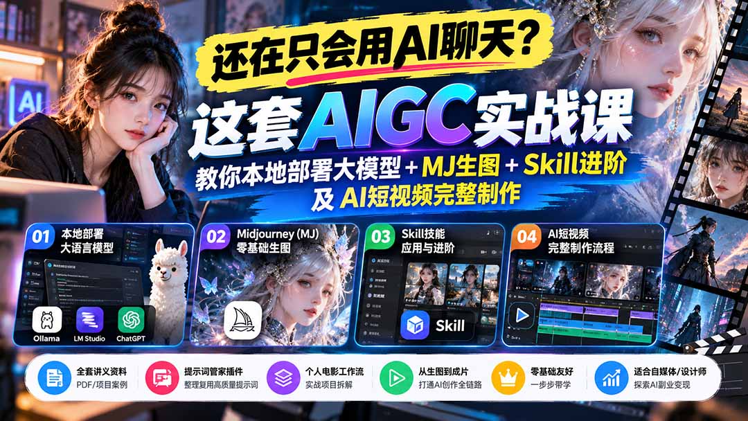 （21135期）【无水印】还在只会用AI聊天？这套AIGC实战课教你本地部署大模型+MJ生图+Skill进阶及AI短视频完整制作-小二项目网