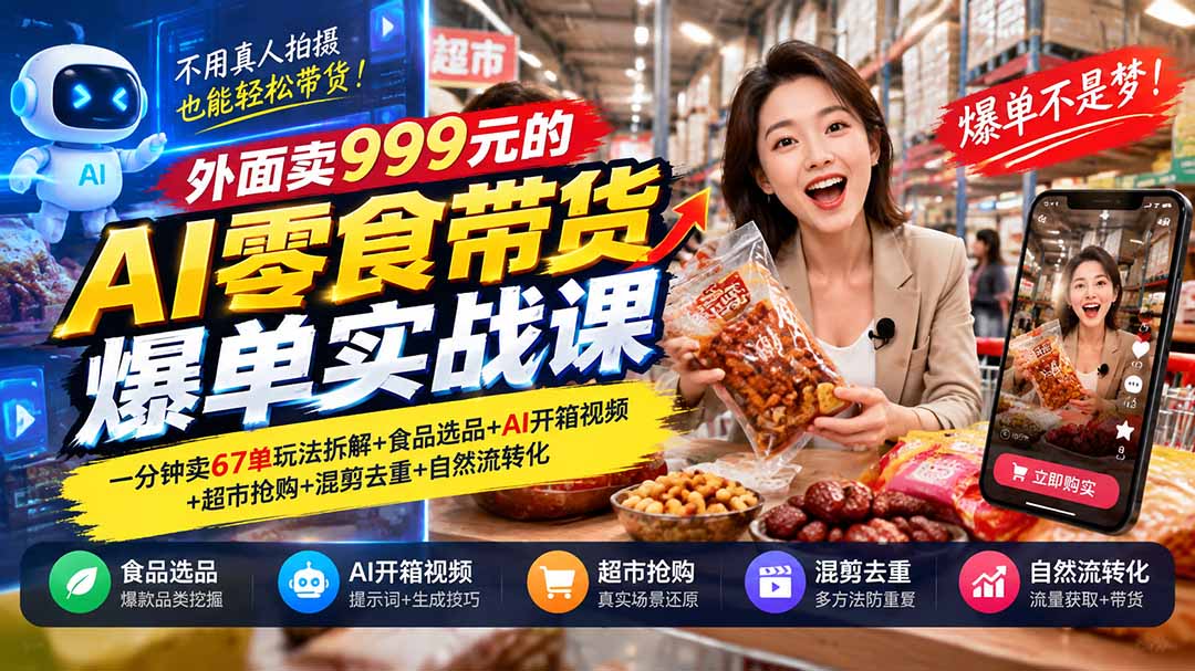 （20994期）外面卖999元的AI零食带货爆单实战课｜一分钟卖67单玩法拆解+食品选品+AI开箱视频+超市抢购+混剪去重+自然流转化-小二项目网