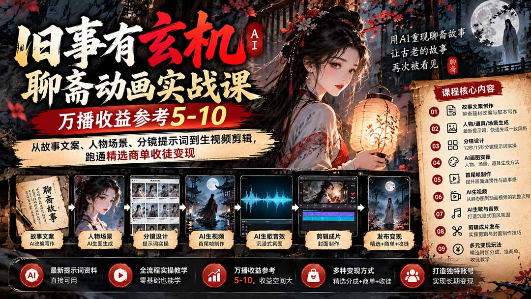 （20789期）旧事有玄机AI聊斋动画实战9月新课：万播收益参考5-10，从故事文案、人物场景到分镜生视频，跑通精选商单收徒-小二项目网
