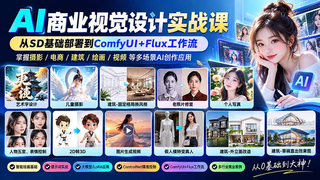 （20824期）【无水印】AI商业视觉设计实战课：从SD基础部署到ComfyUI+Flux工作流，掌握摄影电商建筑AI创作-小二项目网