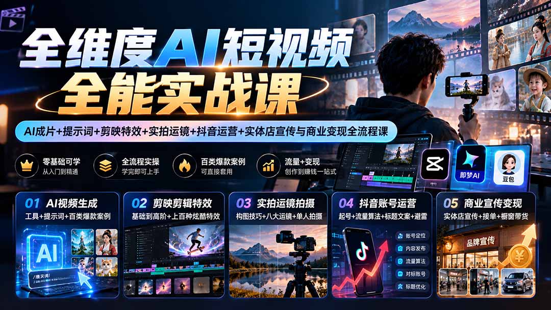 （20768期）【无水印】全维度AI短视频全能实战课：AI成片+提示词+剪映特效+实拍运镜+抖音运营+实体店宣传与商业变现全流程课-小二项目网