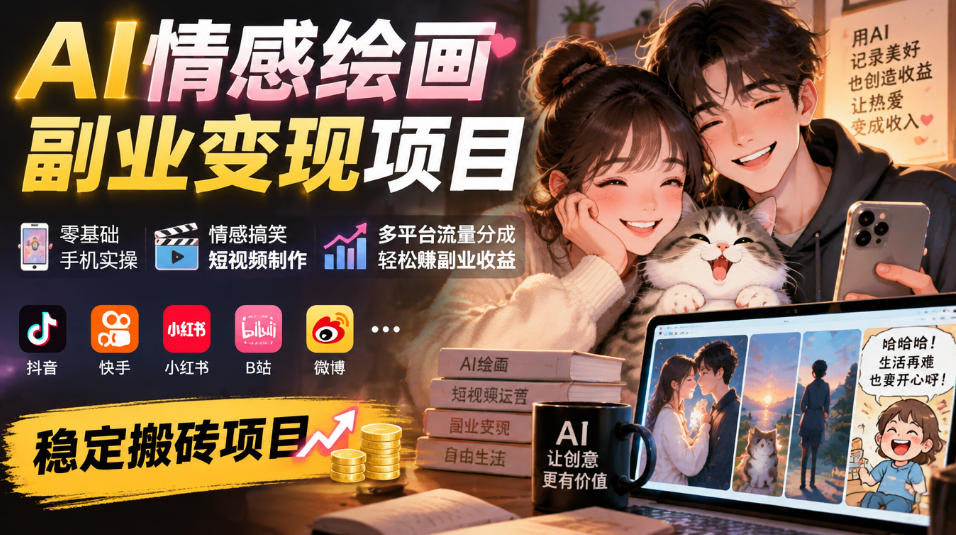 AI情感绘画副业变现项目｜零基础手机实操，情感搞笑短视频制作，多平台流量分成轻松賺副业收益-小二项目网