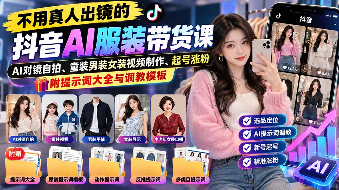 (20960期)不用真人出镜的抖音AI服装带货课:AI对镜自拍、童装男装女装视频制作、起号涨粉,附提示词大全与调教模板-小二项目网