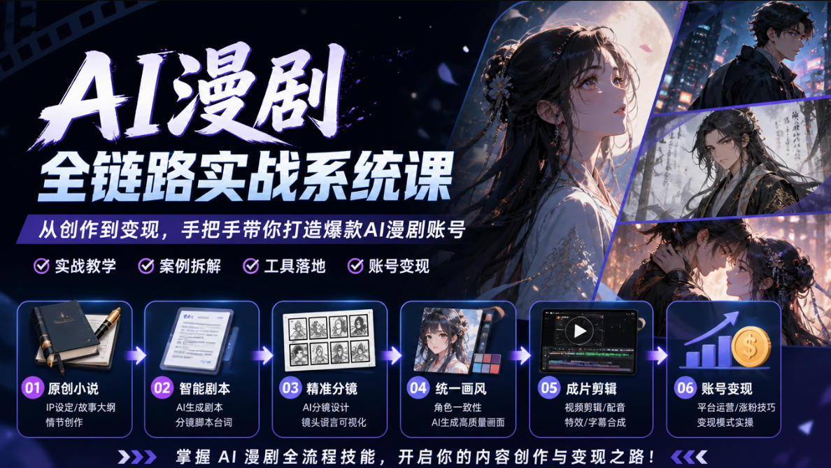 AI漫剧全链路实战系统课｜原创小说、智能剧本、精准分镜、统一画风、成片剪辑、账号变现实操教学-小二项目网
