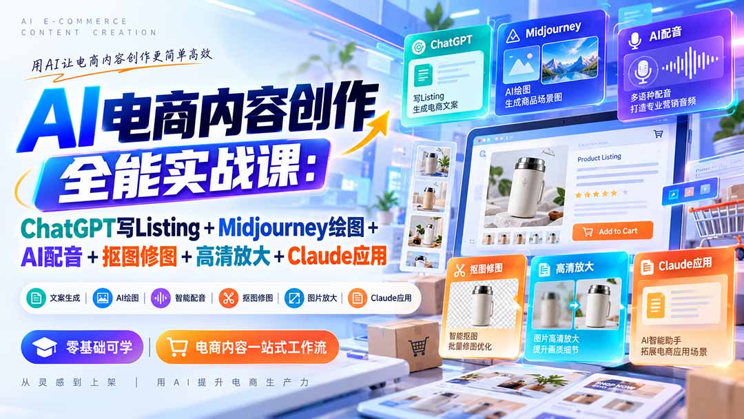 （20770期）【无水印】AI电商内容创作全能实战课：ChatGPT写Listing+Midjourney绘图+AI配音+抠图修图+高清放大+Claude应用-小二项目网