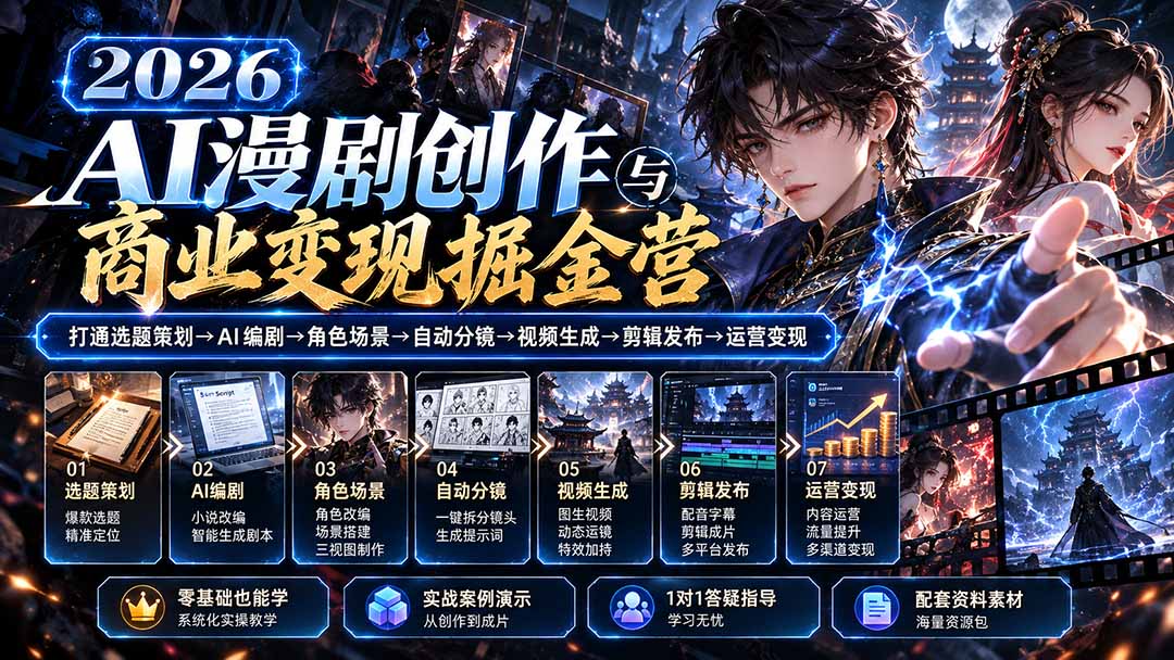 （20906期）【无水印】2026AI漫剧创作与商业变现掘金营：打通选题→AI编剧→角色场景→自动分镜→视频生成→剪辑发布→运营变现-小二项目网