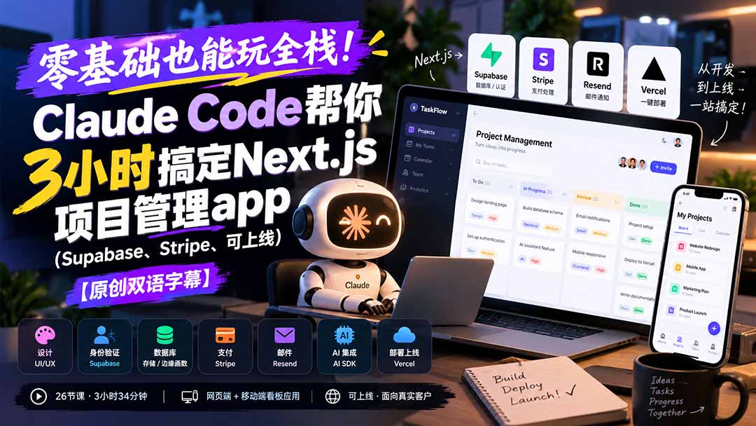 （20907期）零基础也能玩全栈！Claude Code帮你3小时搞定Next.js项目管理app（Supabase、Stripe、可上线）【原创双语字幕】-小二项目网
