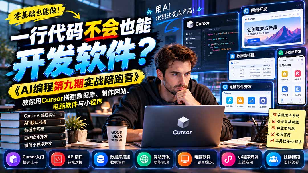 （21146期）一行代码不会也能开发软件？《AI编程第九期实战陪跑营》教你用Cursor搭建数据库、制作网站、电脑软件与小程序-小二项目网