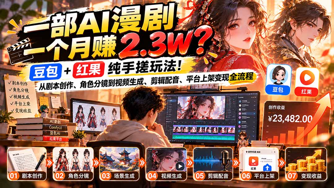 （21089期）一部AI漫剧一个月赚2.3W？豆包+红果纯手搓玩法！从剧本创作、角色分镜到视频生成、剪辑配音、平台上架变现全流程-小二项目网