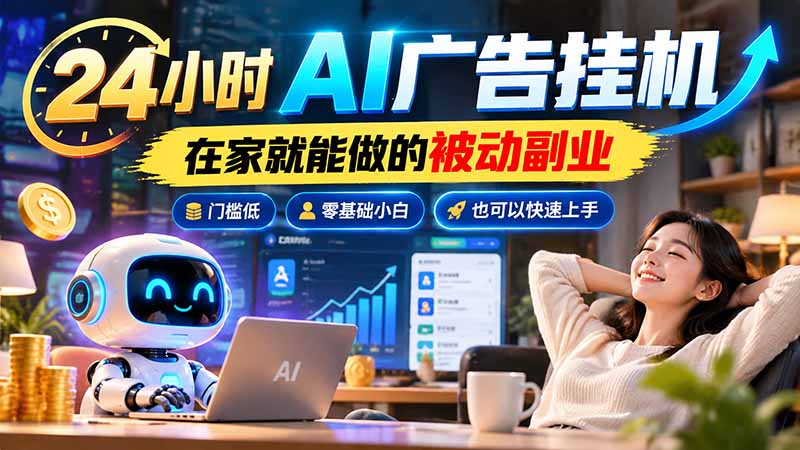 （21118期）24小时AI广告挂机｜在家就能做的被动副业，门槛低，零基础小白也可以快速上手-小二项目网