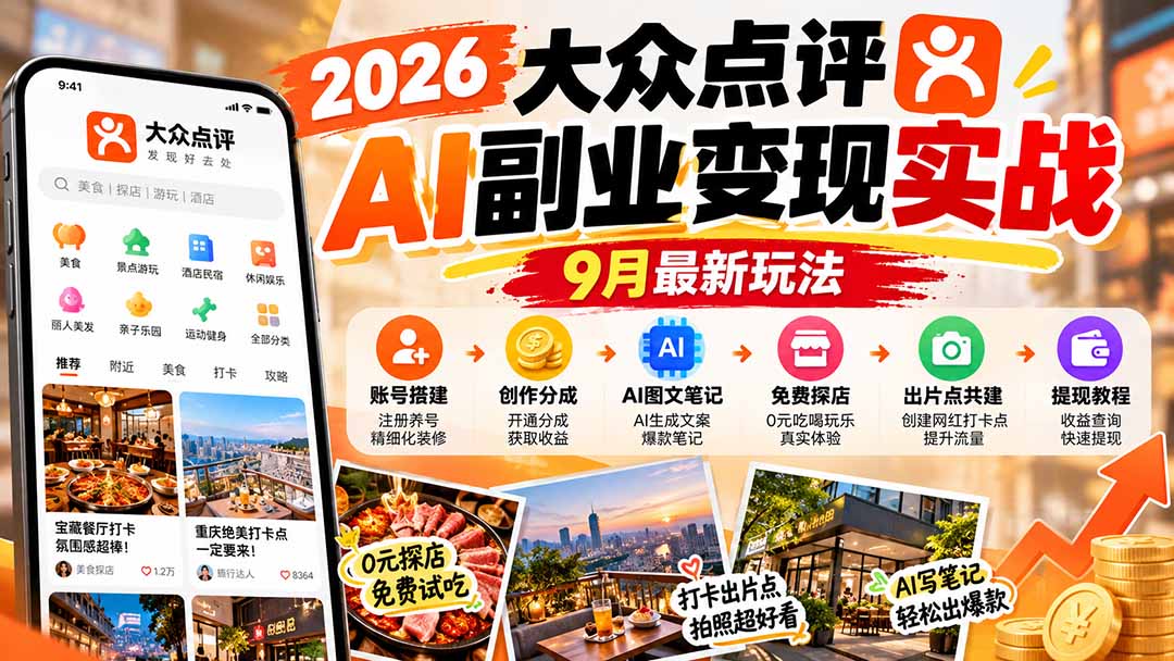 （20873期）2026大众点评AI副业变现实战9月最新玩法：账号搭建+创作分成+AI图文笔记+免费探店+出片点共建与提现教程-小二项目网