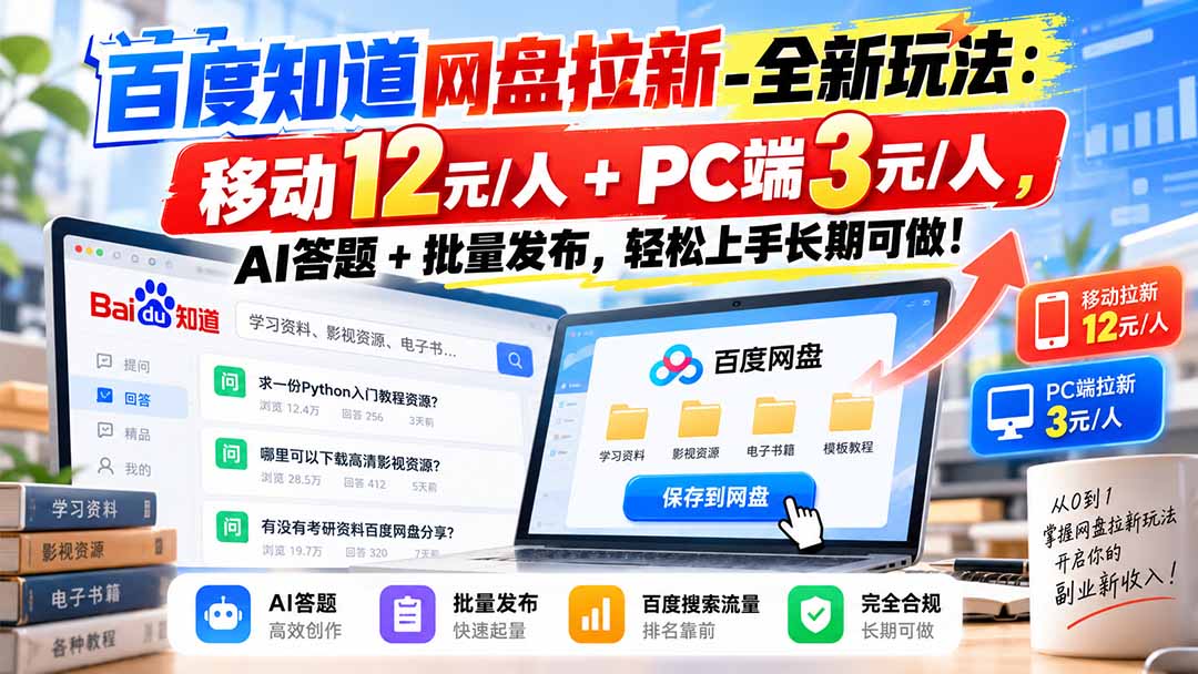 （20794期）百度知道网盘拉新-全新玩法：移动12元/人+PC端3元/人，AI答题+批量发布，轻松上手长期可做！-小二项目网