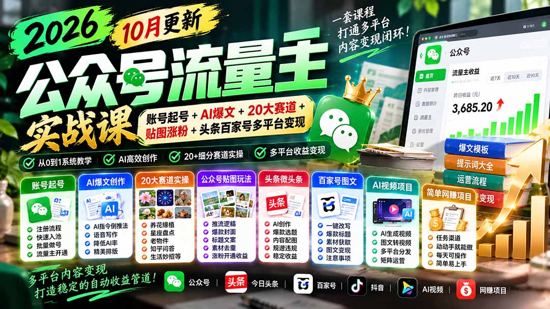 （20878期）2026公众号流量主实战课-10月更新：账号起号+AI爆文+20大赛道+贴图涨粉+头条百家号多平台变现-小二项目网