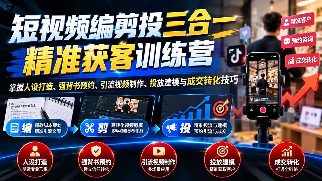 （20910期）短视频编剪投三合一精准获客训练营：掌握人设打造、强背书预约、引流视频制作、投放建模与成交转化技巧-小二项目网
