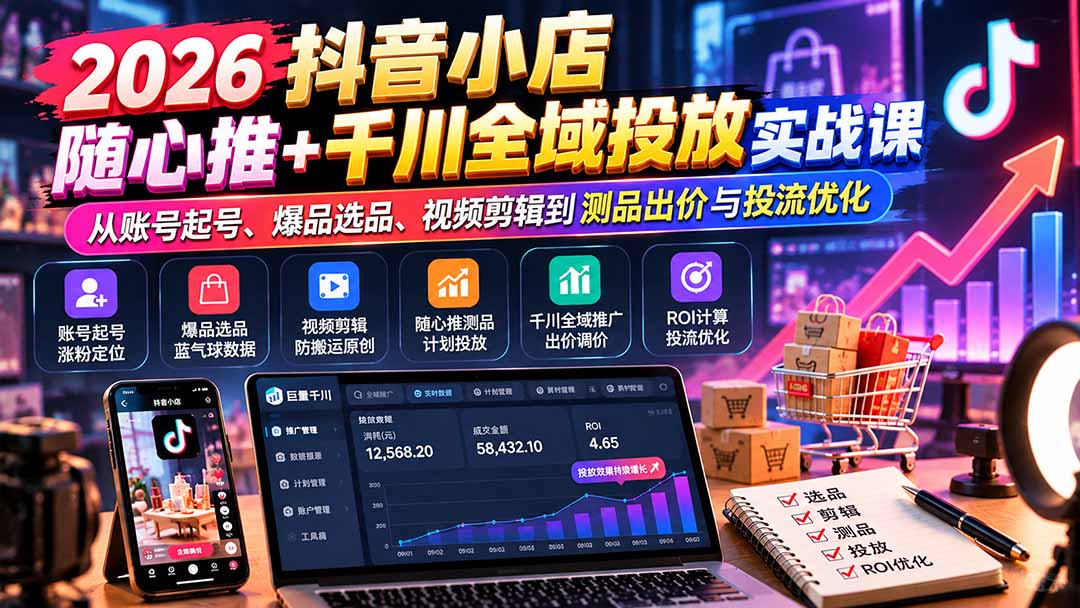 （20998期）2026抖音小店随心推+千川全域投放实战课：从账号起号、爆品选品、视频剪辑到测品出价与投流优化-小二项目网