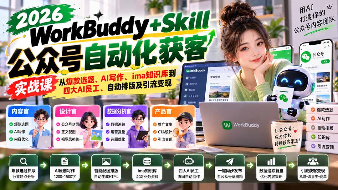 （21023期）WorkBuddy + Skill公众号自动化获客实战课：从爆款选题、AI写作、ima知识库到四大AI员工、自动排版及引流变现-小二项目网
