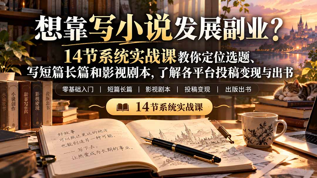 （21031期）【无水印】想靠写小说发展副业？14节系统实战课教你定位选题、写短篇长篇和影视剧本，了解各平台投稿变现与出书-小二项目网