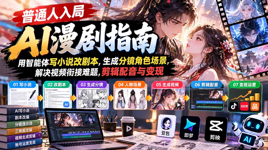 （21033期）【无水印】普通人入局AI漫剧指南：用智能体写小说改剧本，生成分镜角色场景，解决视频衔接难题，剪辑配音与变现-小二项目网