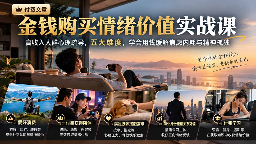 （20941期）付费文章：金钱购买情绪价值实战课｜高收入人群心理疏导，五大维度，学会用钱缓解焦虑内耗与精神孤独-小二项目网