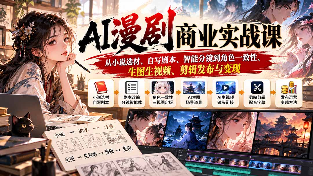 （20811期）AI漫剧商业实战课：从小说选材、自写剧本、智能分镜到角色一致性、生图生视频、剪辑发布与变现-小二项目网