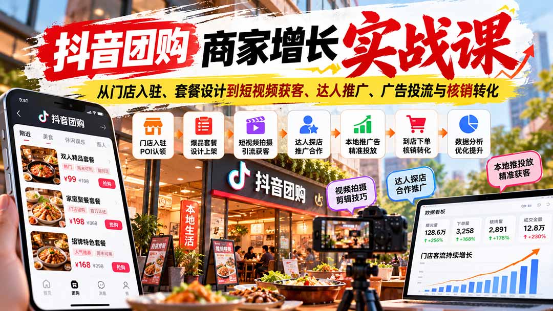 （20813期）抖音团购商家增长实战课：从门店入驻、套餐设计到短视频获客、达人推广、广告投流与核销转化-小二项目网
