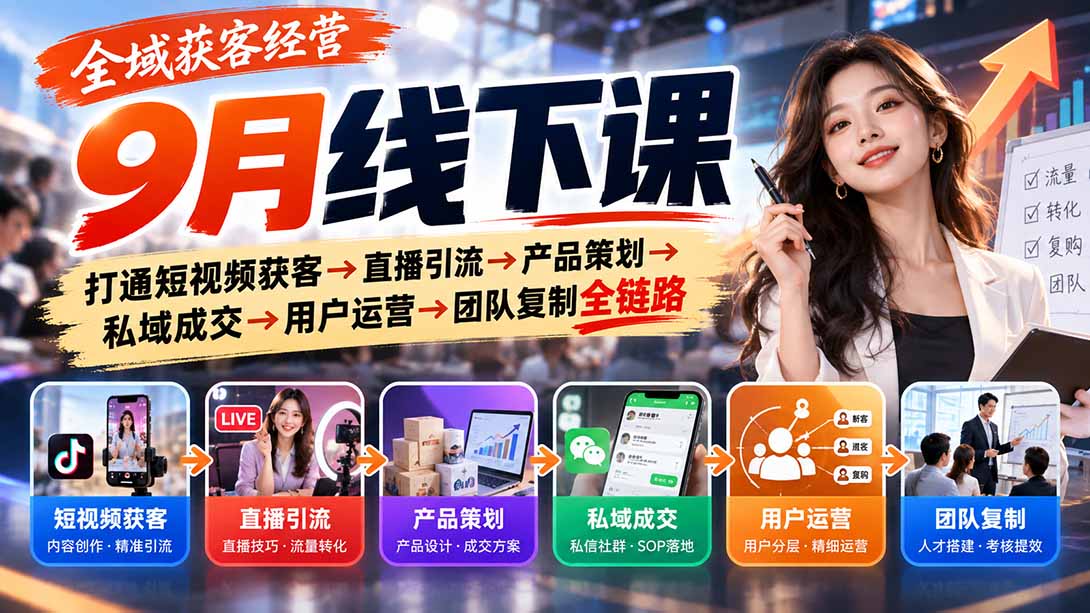 （20777期）全域获客经营9月线下课：打通短视频获客→直播引流→产品策划→私域成交→用户运营→团队复制全链路-小二项目网