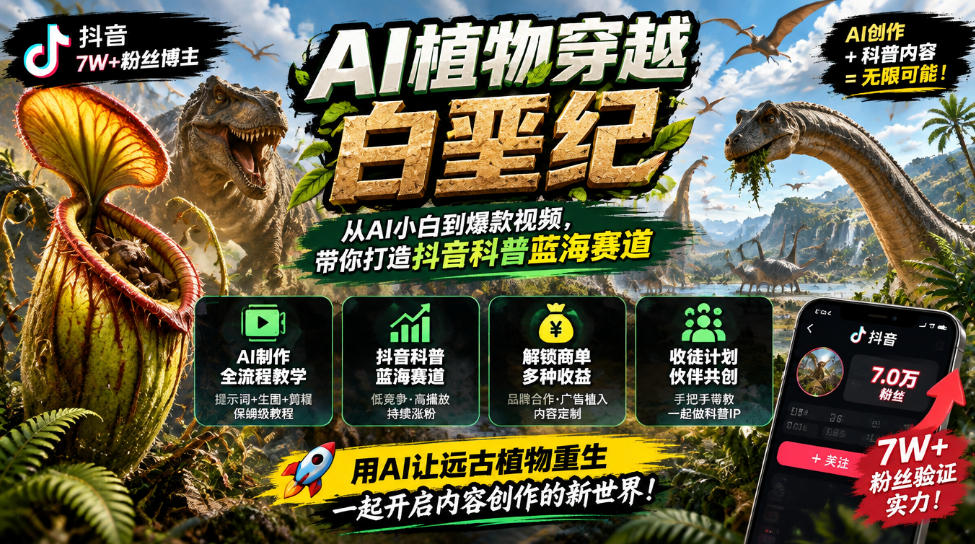 抖音7W粉丝博主的AI植物穿越白垩纪教学，抖音科普蓝海赛道，解锁商单收徒伙伴计划等多种收益-小二项目网