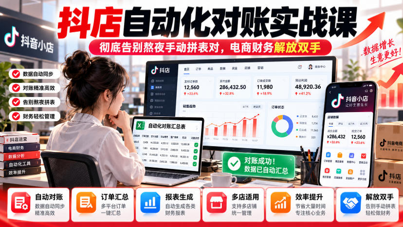 抖店自动化对账实战课，彻底告别熬夜手动拼表对，账电商财务解放双手-小二项目网