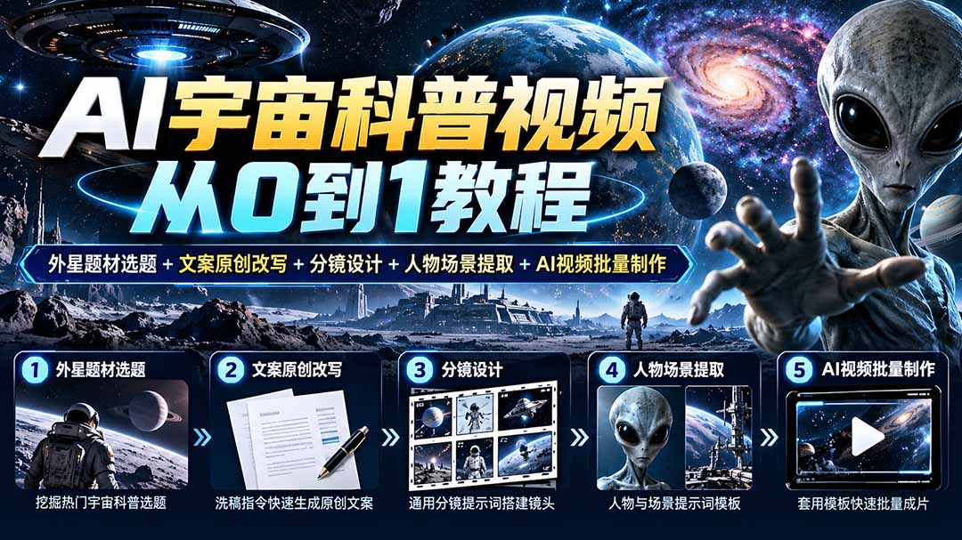 （20774期）AI宇宙科普视频从0到1教程｜外星题材选题+文案原创改写+分镜设计+人物场景提取+AI视频批量制作-小二项目网