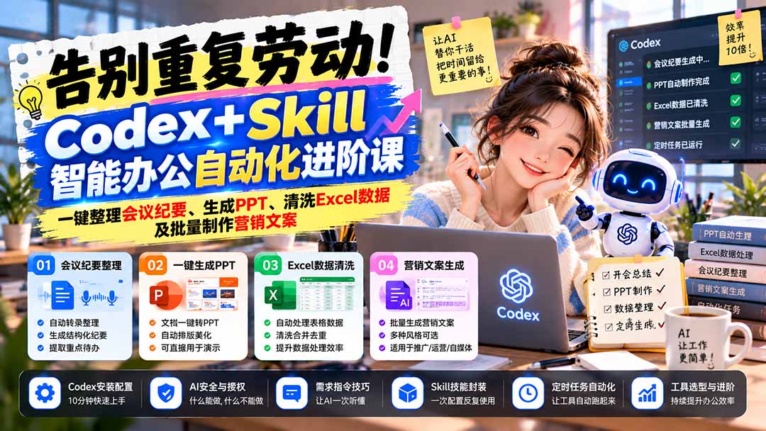 （21001期）告别重复劳动！Codex+Skill智能办公自动化进阶课：一键整理会议纪要、生成PPT、清洗Excel数据及批量制作营销文案-小二项目网