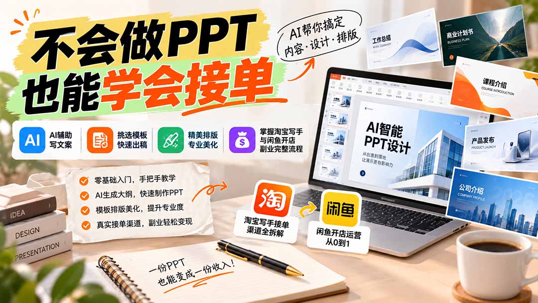 (20945期)不会做PPT也能学会接单:AI辅助写文案、挑模板、做排版,掌握淘宝写手与闲鱼开店副业完整流程-小二项目网