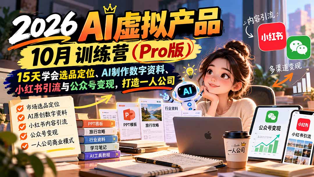 （21054期）2026AI虚拟产品10月训练营（Pro版）：15天学会选品定位、AI制作数字资料、小红书引流与公众号变现，打造一人公司-小二项目网