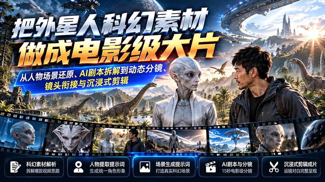 （20946期）把外星人科幻素材做成电影级大片：从人物场景还原、AI剧本拆解到动态分镜、镜头衔接与沉浸式剪辑-小二项目网