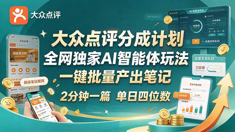 （21055期）最新大众点评分成计划 全网独家 AI 智能体玩法，一键批量产出笔记，2 分钟一篇，新手直接跑出单日四位数-小二项目网