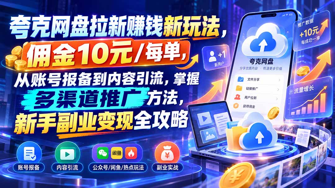 （21108期）夸克网盘拉新赚钱新玩法，佣金10元/每单，从账号报备到内容引流，掌握多渠道推广方法，新手副业变现全攻略-小二项目网