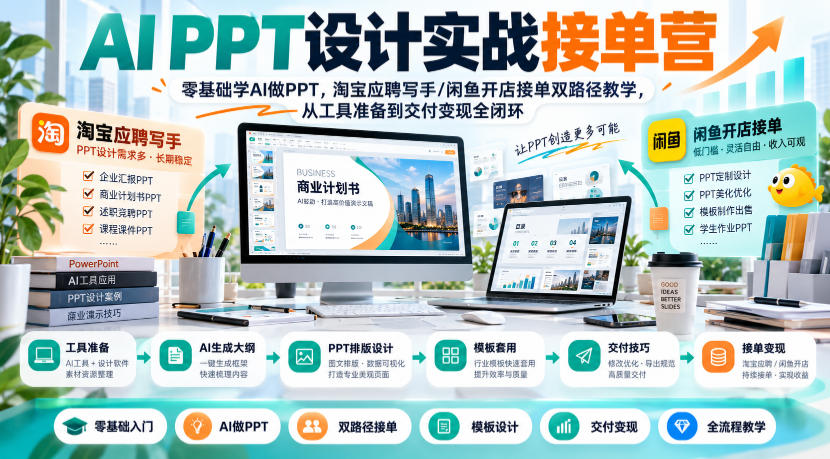 AI PPT设计实战接单营｜零基础学AI做PPT，淘宝应聘写手/闲鱼开店接单双路径教学，从工具准备到交付变现全闭环-小二项目网