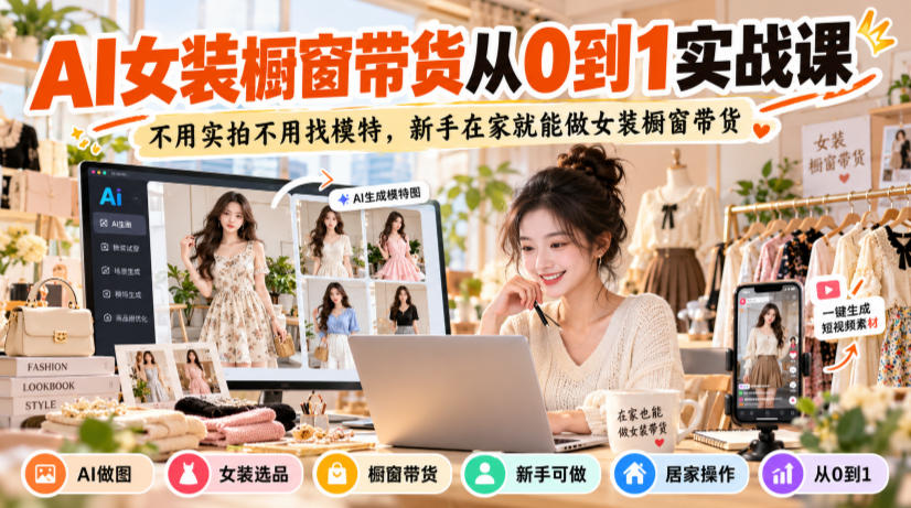 AI女装橱窗带货从0到1实战课，不用实拍不用找模特，新手在家就能做女装橱窗带货-小二项目网
