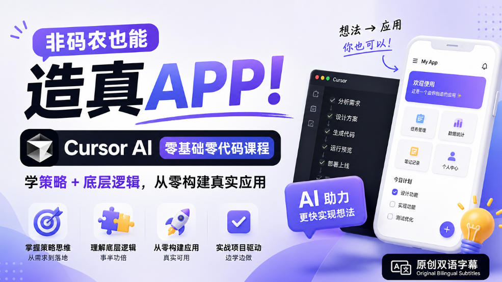 非码农也能造真APP！Cursor AI零基础零代码课程：学策略+底层逻辑，从零构建真实应用【原创双语字幕】-小二项目网