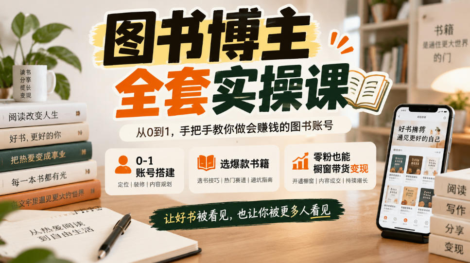 图书博主全套实操课，0‑1账号搭建，选爆款书籍，零粉也能橱窗带货变现-小二项目网