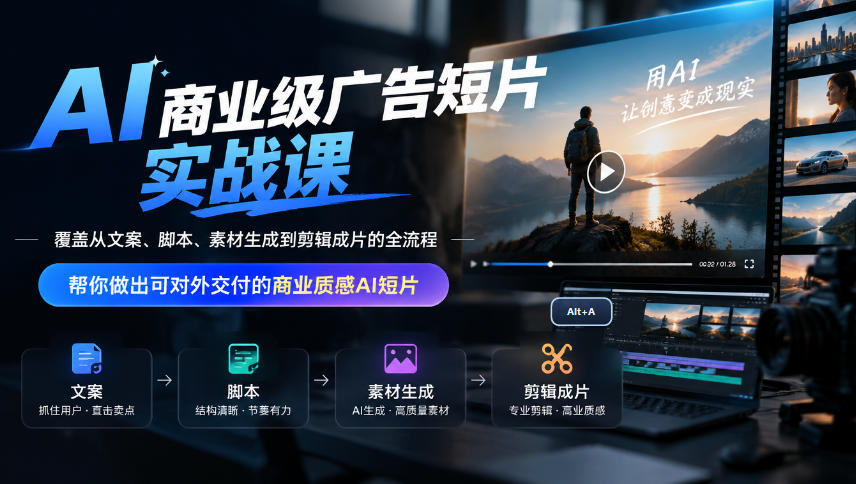 AI商业级广告短片实战课，覆盖从文案、脚本、素材生成到剪辑成片的全流程，帮你做出可对外交付的商业质感AI短片-小二项目网